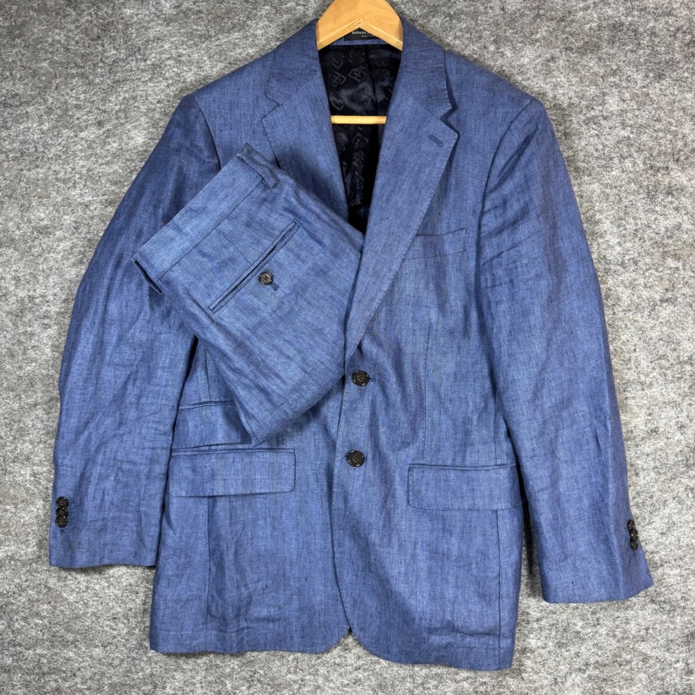 Banana Republic Slim 2 Piece Suit Mens 36S Blue 100% Linen Herringbone 31x27